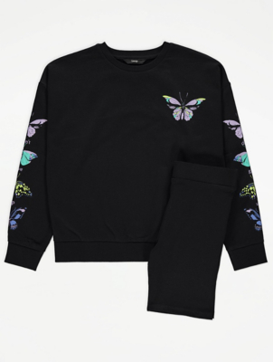 Black Butterfly Print Sweatshirt and Cycling Shorts Outfit