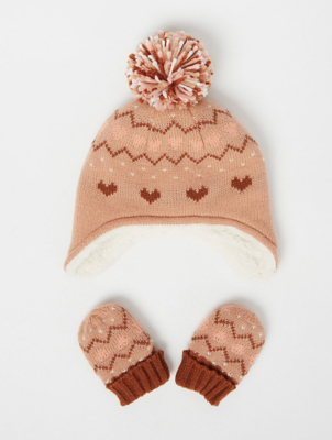 Tan Knitted Trapper Hat and Mittens Set