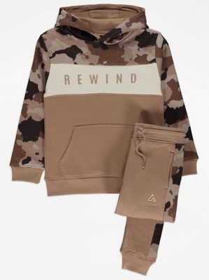 Tan Panelled Camo Print Hoodie and Joggers Outfit
