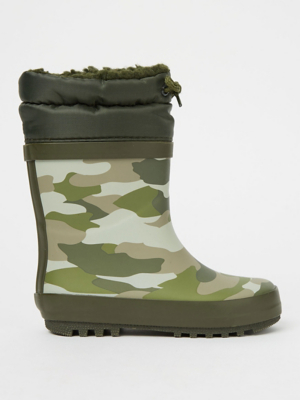 Khaki Camo Quilted Cuff Wellington Boots