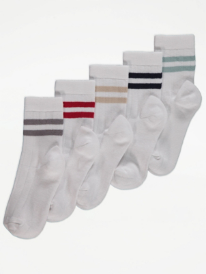 White Contrast Stripe Fine Rib Socks 5 Pack