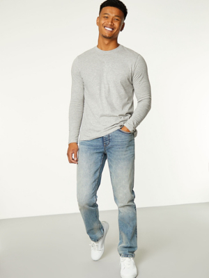 Stone Wash Straight Leg Jeans With Stretch