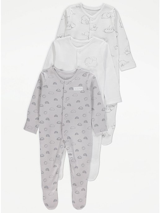 White and Grey Elephant Print Long Sleeve Sleepsuits 3 Pack
