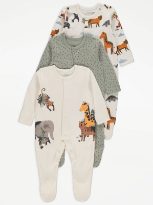 Khaki Safari Animal Print Long Sleeve Sleepsuits 3 Pack