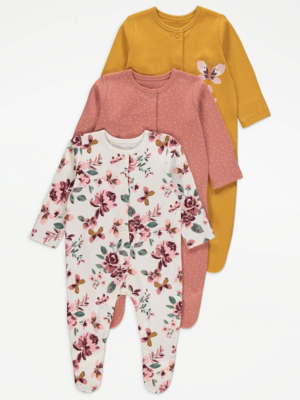 Floral Print Long Sleeve Sleepsuits 3 Pack