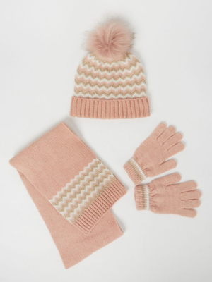 Pink Chevron Knitted Bobble Hat Scarf and Mittens Set