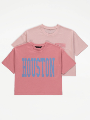 Pink Houston Slogan Cropped Boxy T-Shirts 2 Pack