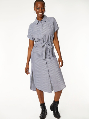 Grey Collared Striped Midi Shirt Dress