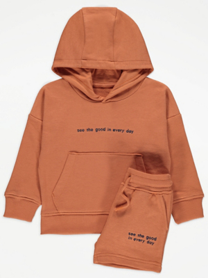 Terracotta Embroidered Slogan Hoodie and Shorts Outfit