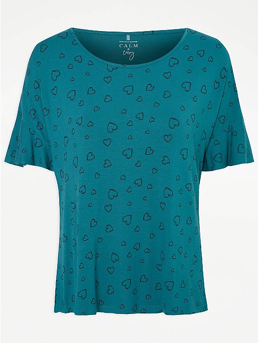 Teal Heart Print Pyjama Top | Women | George at ASDA