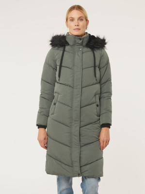 Khaki Faux Fur Longline Padded Coat Women at ASDA