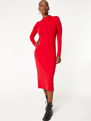 Red High Neck Soft Touch Bodycon Midi Dress