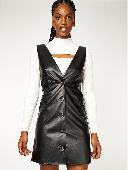 Black Leather Effect Button Front Pinafore Dress | Women | George at ASDA