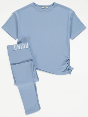 Blue Unique Slogan T-Shirt and Leggings Outfit