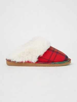 Red Check Print Faux Fur Mule Slippers