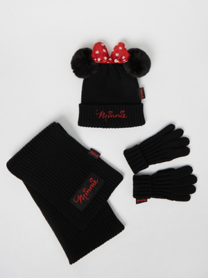 Disney Minnie Mouse Black Hat Scarf and Mittens Set