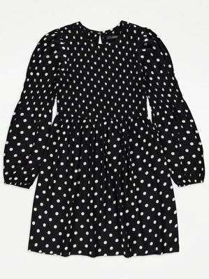 Black Polka Dot Print Shirred Dress