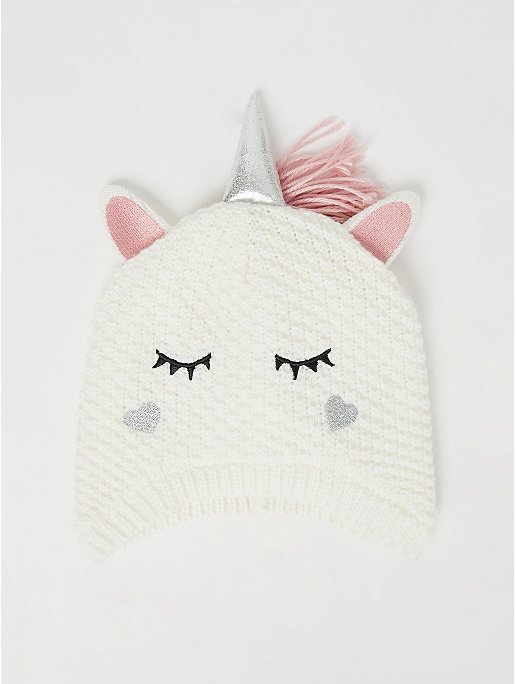 Asda George Asda White and Pink Plush Fluffy Unicorn Hat with Mittens Age 4-8 Years 