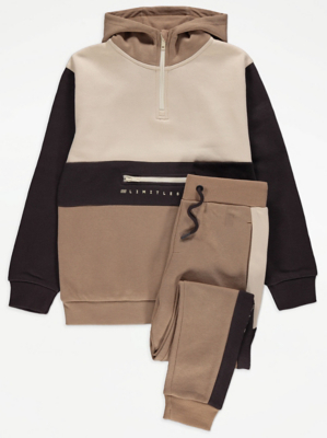 Brown Panelled Hoodie and Joggers Outfit