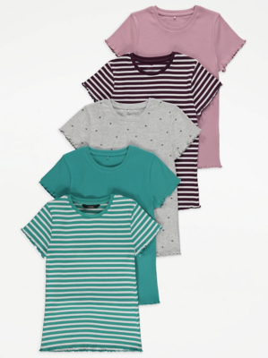 Striped Short Sleeve Ribbed Tops 5 Pack