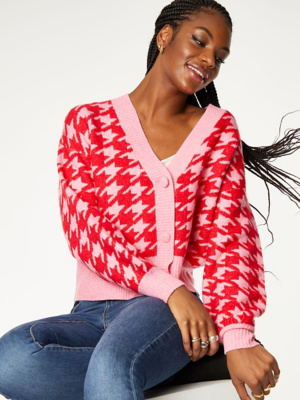 Pink Dogtooth Pattern Cardigan Women at ASDA
