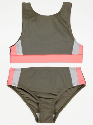 Khaki Taped Bikini Top and Bottoms Set Kids at ASDA