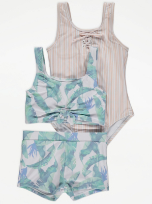 Stripe Swimsuit and Palm Print Bikini Set Kids at ASDA
