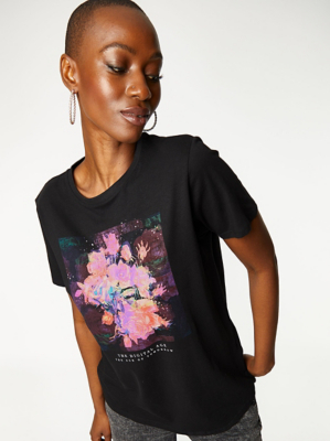 Black Floral Print Longline Jersey T-Shirt