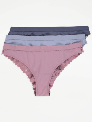 Lace Back Brazilian Knickers 3 Pack Lingerie at ASDA