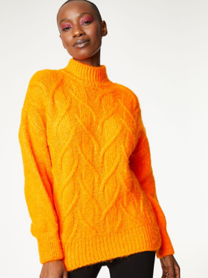 Orange Roll Neck Cable Knit Jumper