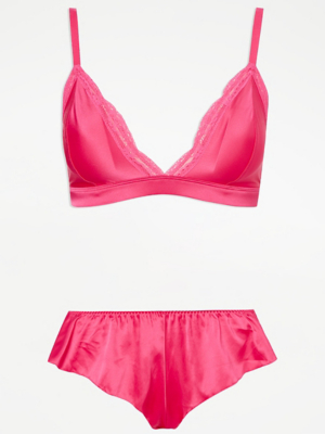 Pink Lace Trim Bralette and Short Knickers Set