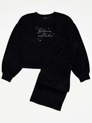 Black Velour Slogan Sweatshirt and Palazzo Trousers Outfit