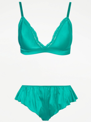 Green Satin Bralette and Knickers Set Women at ASDA