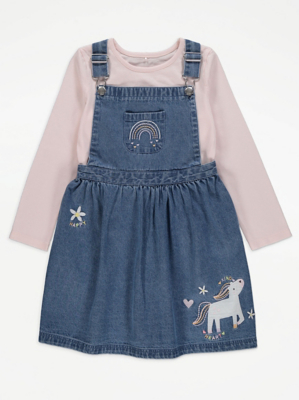 Embroidered Denim Pinafore Dress and Top Outfit