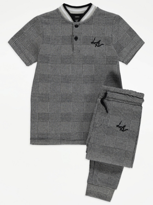 Grey Check Print Polo Shirt and Joggers Outfit