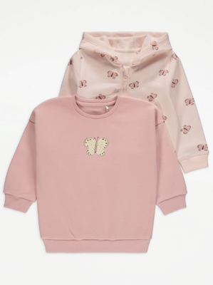 Pink Butterfly Print Hoodie and Sweatshirt Set