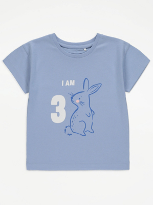 Blue I Am Three Bunny Print Birthday T-Shirt