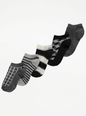 Grey Patterned Trainer Liner Socks 5 Pack