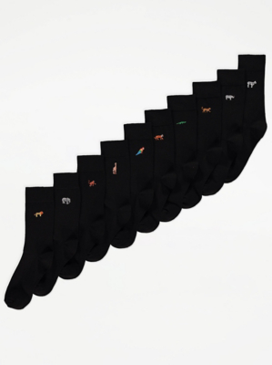 Black Embroidered Safari Animal Ankle Socks 10 Pack Men at ASDA