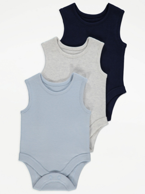 Navy Sleeveless Bodysuits 3 Pack Baby at ASDA