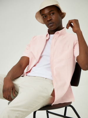 Pink Button Up Short Sleeve Shirt Men at ASDA