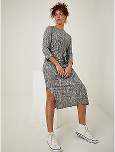 Grey Ribbed Knitted Jersey Dress