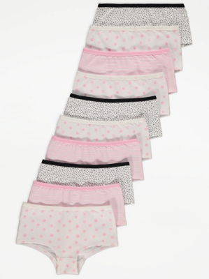 Pink Polka Dot and Striped Print Short Knickers 10 Pack