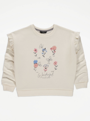 Cream Floral Print Ruffled Sweatshirt