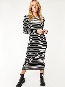 Black Striped Midi Jersey Dress