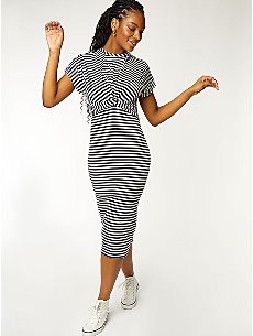 Black Striped Twist Front Midi Dress