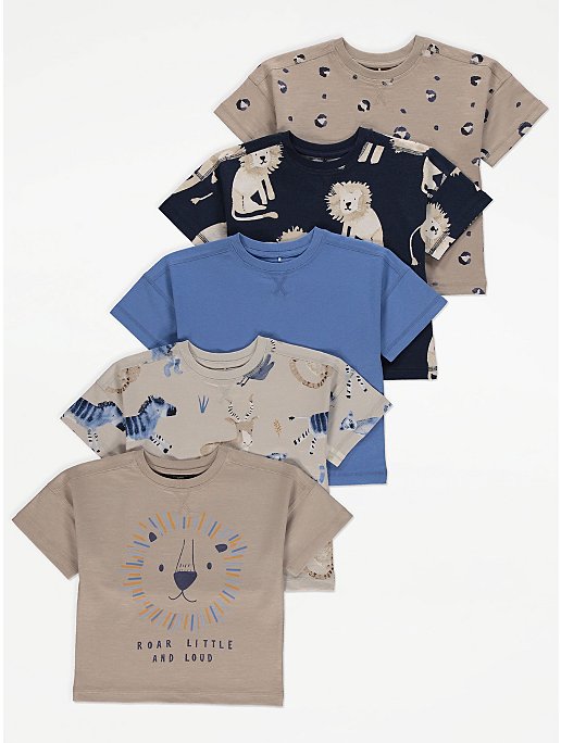 Assorted Jungle Animal Print T-Shirts 5 Pack | Kids | George at ASDA