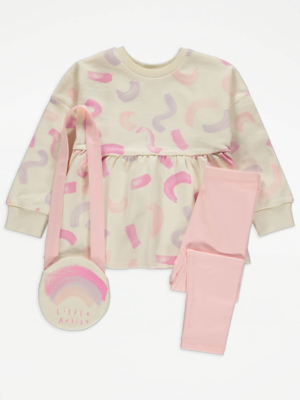 Pink Brush Stroke Print Dress Leggings and Bag Outfit