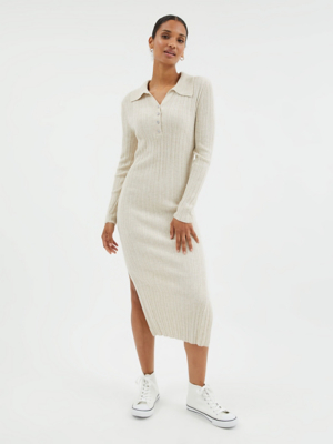 stone ribbed v neck midi jumper dress