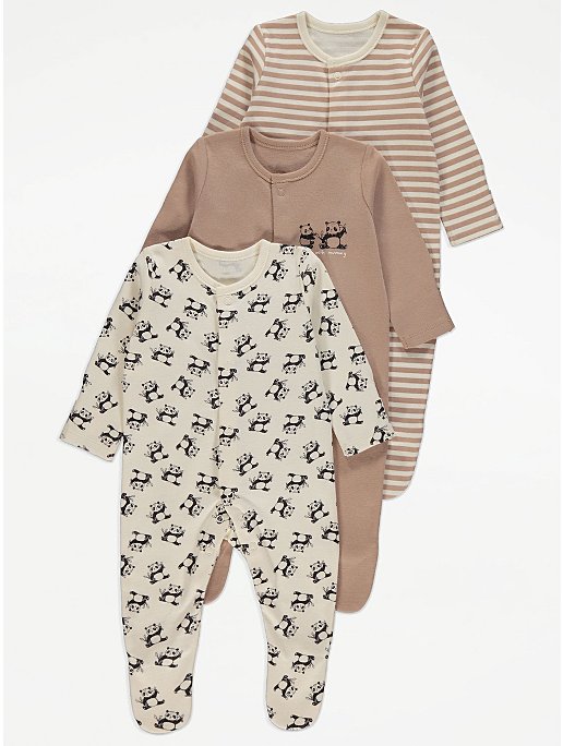 Panda Print Long Sleeve Sleepsuits 3 Pack